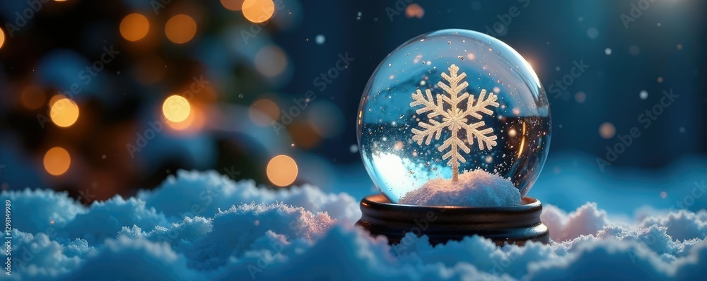 Fototapeta premium A delicate snowflake gently landing on a glass surface within an illuminated snow globe, glowing, crystal, intricate