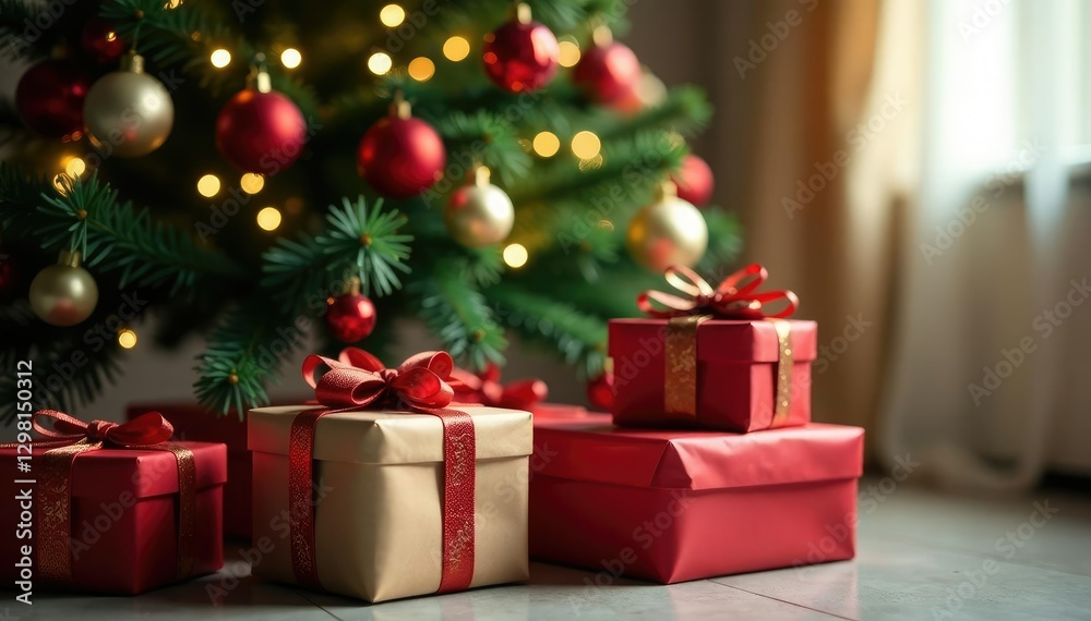 A festive Christmas tree with wrapped presents, present, bows, ribbons A festive Christmas tree with wrapped presents, present, bows, ribbons