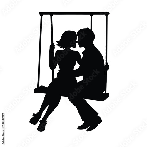 Romantic silhouette of a couple cuddling on a swing in love