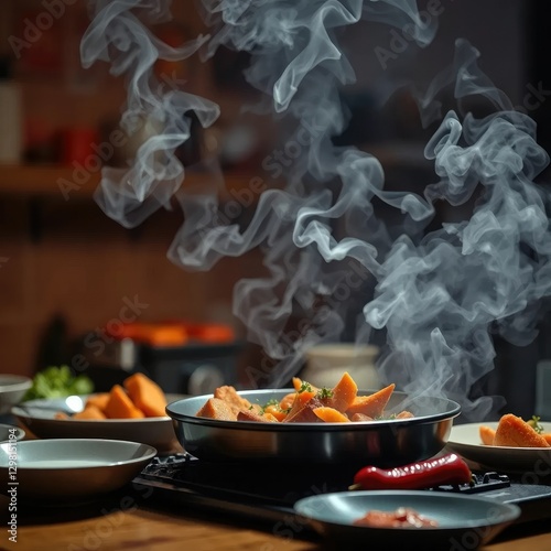 A smoke alarm's loud siren signals that dinner is finally ready to be served, enticing, dinner, cooking