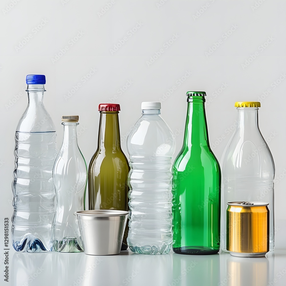 Assorted Glass Metal and Plastic Bottles and Cans on Grey Background Assorted Glass Metal and Plastic Bottles and Cans on Grey Background
