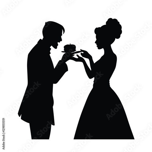 Silhouette of a couple feeding wedding cake to each other romantic moment