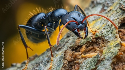 Ferocious Bullet Ant climbing a tree its jet black body gleaming powerful mandibles open menacingly ready to deliver the most painful sting in the insect world photo