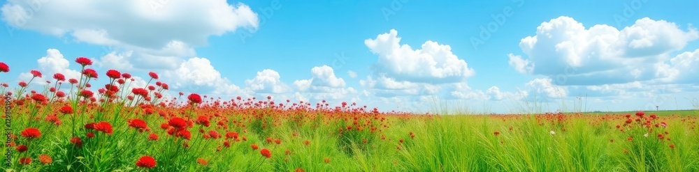 Cascara tomentosum flowers in a field with blue sky and fluffy clouds, blue sky, green field, fluffy cloud Cascara tomentosum flowers in a field with blue sky and fluffy clouds, blue sky, green field, fluffy cloud