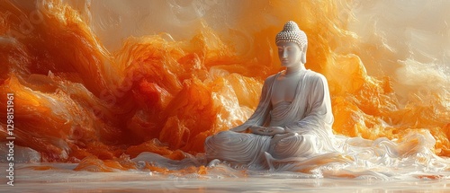 Serene Buddha Statue in Abstract Orange Landscape