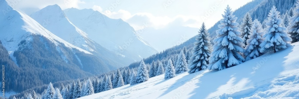 Fototapeta premium Dense forest of small white Christmas trees on a snowy mountain slope, mountainous terrain, winter wonderland, coniferous trees