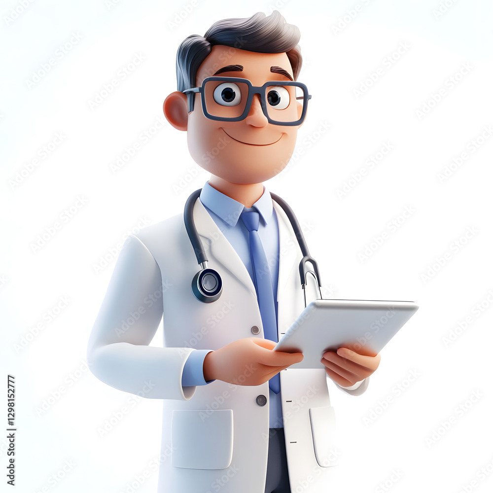 Cartoon Doctor with Tablet in Hands on White Background Cartoon Doctor with Tablet in Hands on White Background
