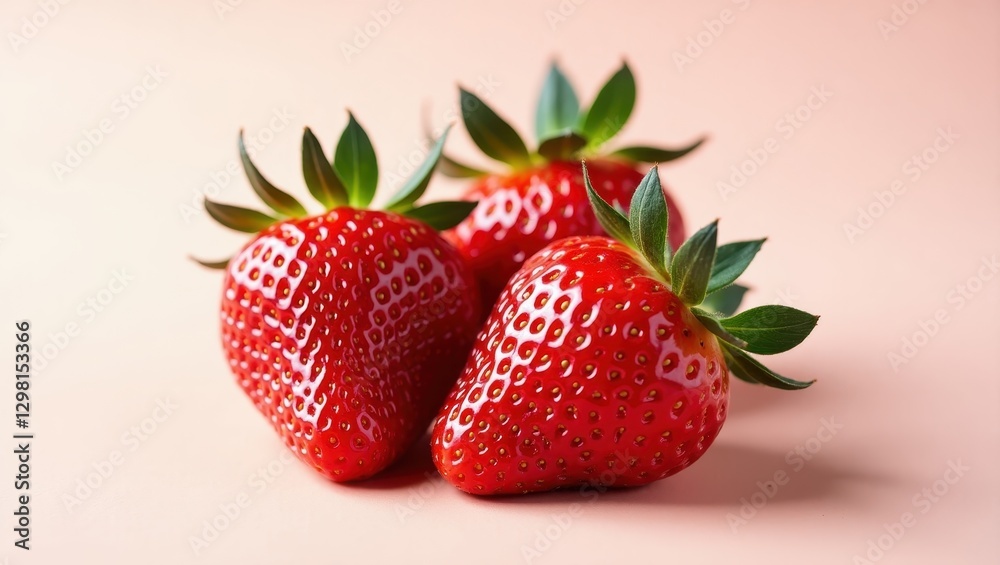 Oishii Strawberries. Three strawberries are sitting on table ready to be eaten Oishii Strawberries. Three strawberries are sitting on table ready to be eaten