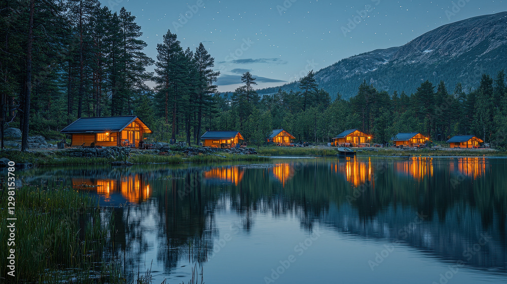 Fototapeta premium Mountain Lake Cabins at Dusk: Charming wooden cabins nestled by a serene mountain lake at dusk, their warm lights reflecting beautifully on the still water. A tranquil scene evoking peace and escape.