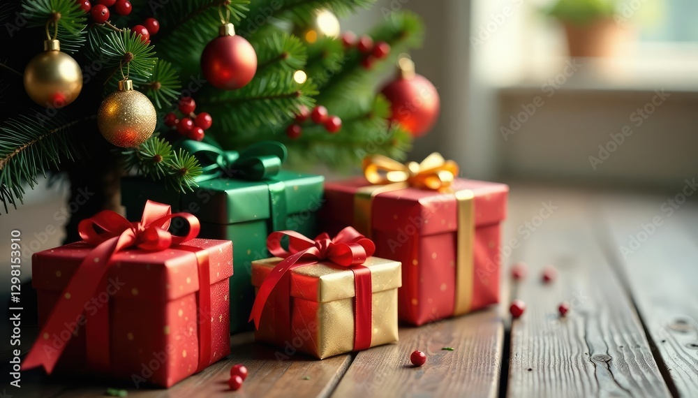 Gift boxes under the Christmas tree with ribbons and bows in different colors, berries, holly Gift boxes under the Christmas tree with ribbons and bows in different colors, berries, holly