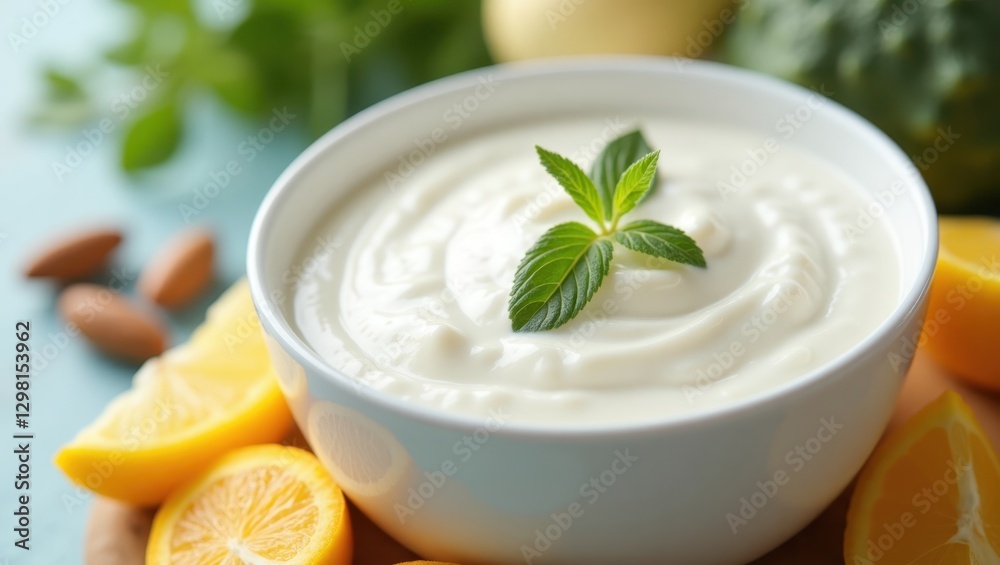 L Reuteri. Bowl of yogurt is surrounded by sliced oranges and almonds L Reuteri. Bowl of yogurt is surrounded by sliced oranges and almonds