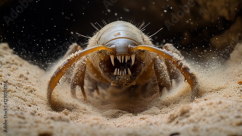 Fierce Antlion larva lurking in a sandy pit its massive mandibles open wide waiting to trap unsuspecting prey fine grains of sand cascading around its hidden body