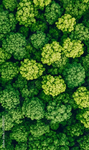 Forest canopy aerial; Lush, treetop clusters below; Ecological awareness use