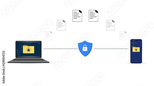 Secure and protected data transfer between laptop and mobile, 4k animation with lock and files. Data, networking, transferring, sharing files