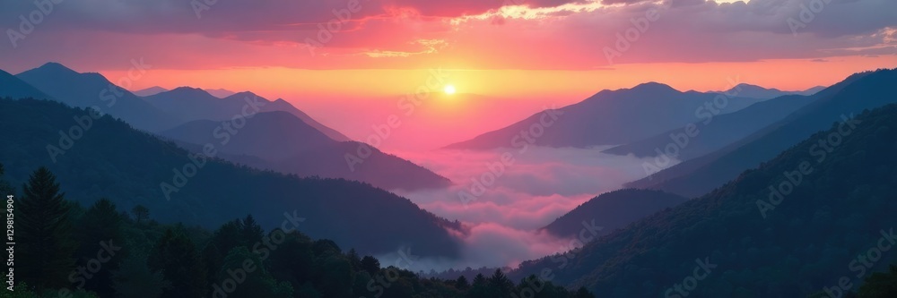 Fototapeta premium Misty dawn breaking through the Smoky Mountains, nature, dawn, smoky mountains
