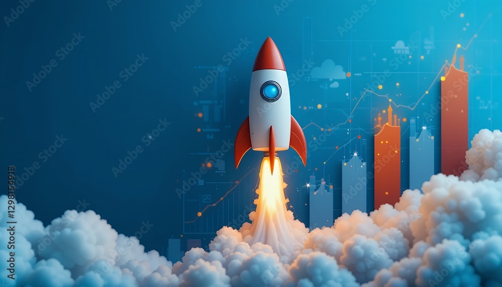 Naklejka premium Successful Business Launch: Rocket Taking Off Towards Growth