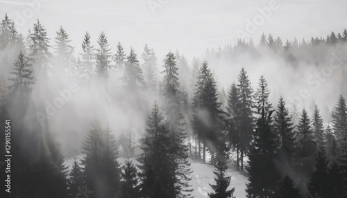 Snow-covered forest trees shrouded in mist, creating a quiet, ethereal winter landscape.