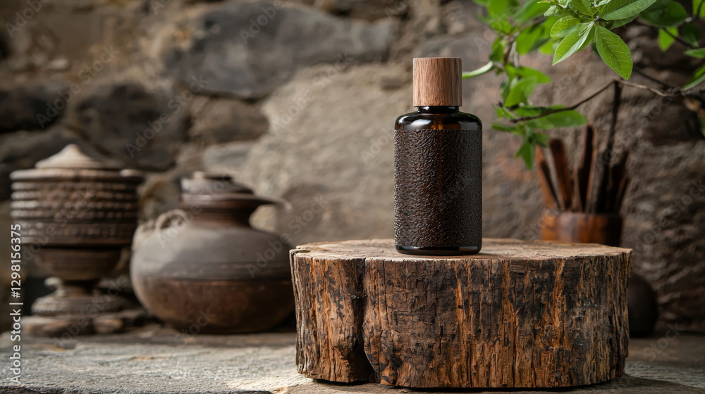 skincare bottle with wooden cap sits on rustic stump, surrounded by natural textures skincare bottle with wooden cap sits on rustic stump, surrounded by natural textures