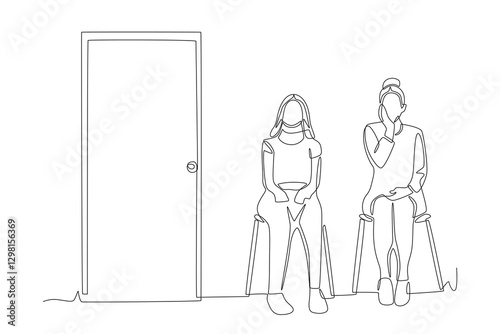 Female patient waiting in the clinic waiting room. Waiting in the clinic waiting room concept one-line drawing