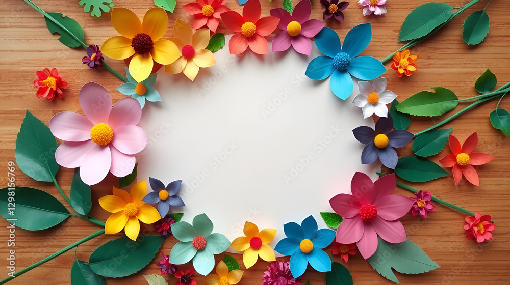 Circular layout of vibrant paper flowers and leaves, showcasing craftwork on a natural surface Circular layout of vibrant paper flowers and leaves, showcasing craftwork on a natural surface
