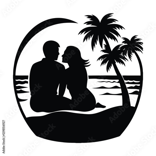 Silhouette of a couple sitting closely together on the beach