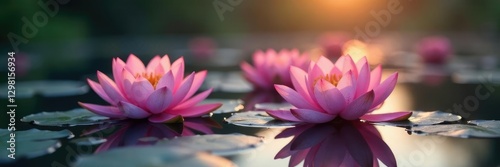 Wallpaper Mural Soft pink water lily flowers in a pond at dusk, ripples, gentle, serene Torontodigital.ca