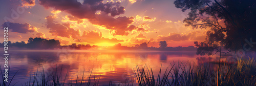 Serene Sunset Over a Tranquil Lake with Silhouetted Trees and Reflected Sky Colors