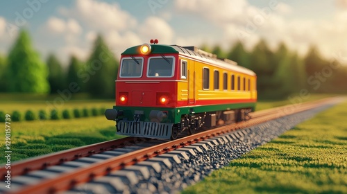 A vibrant model train navigating through a picturesque landscape, showcasing the beauty of rail travel.