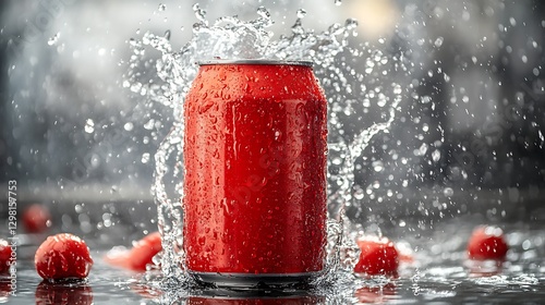 Red Can with Splash, Water, Berries photo