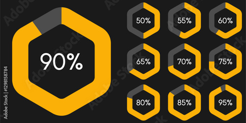Hexagon percentage pie chart diagrams infographic template from 50 to 95 numbers.Set of hexagon percentage diagram on black background vector illustration.