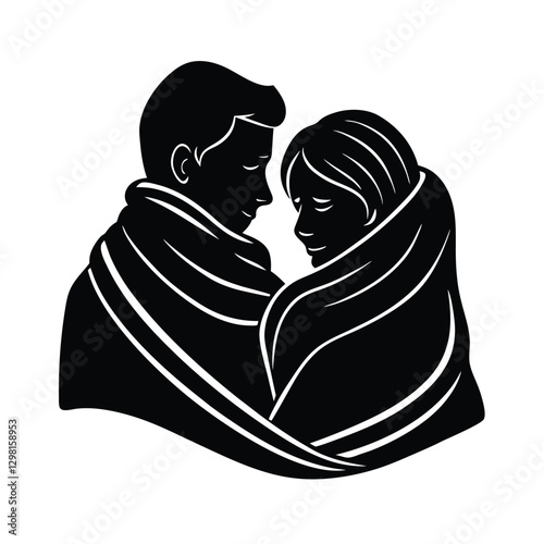 Silhouette of a loving couple wrapped together in a cozy scarf