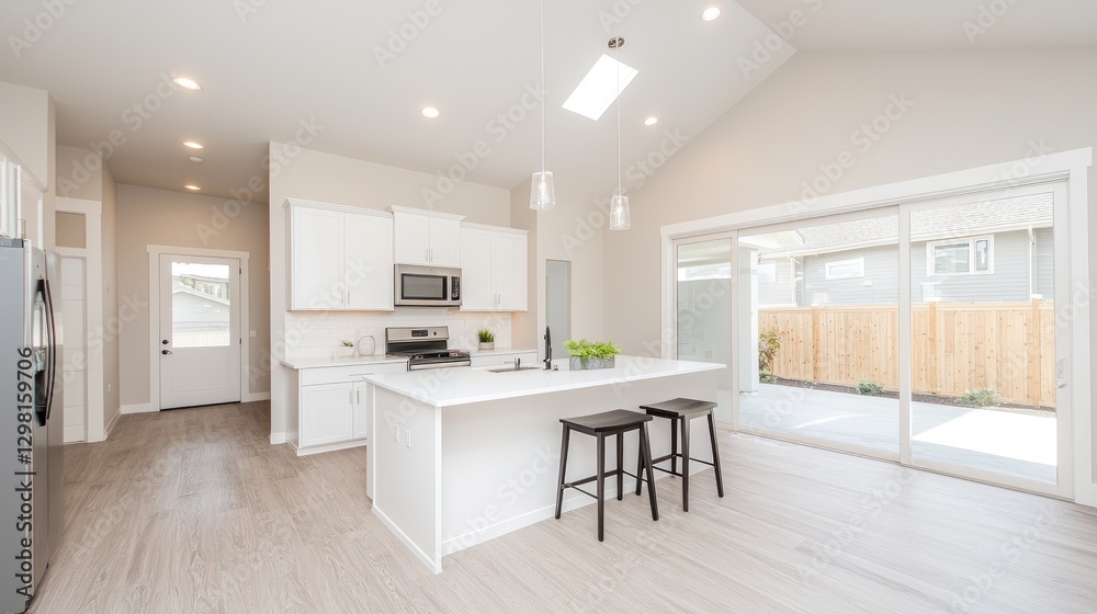 Modern Kitchen Open to Backyard, Bright Interior, Home Design Modern Kitchen Open to Backyard, Bright Interior, Home Design