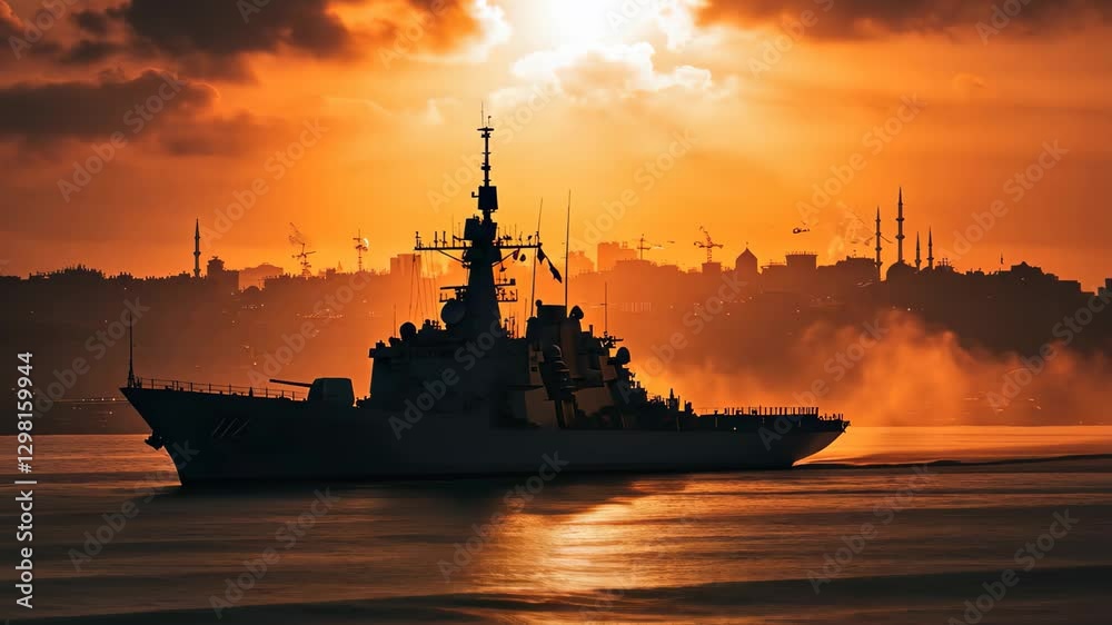 Military battleship silhouette entering harbor at sunset with city skyline, The silhouette of a military battleship entering the bay of a city port after completing its mission