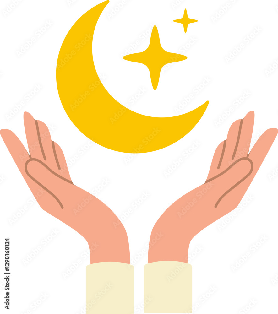 Women Open Hands Holding Crescent Moon and Stars Women Open Hands Holding Crescent Moon and Stars