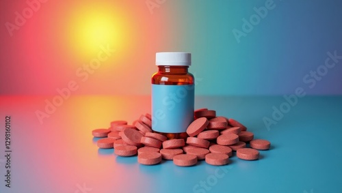 Senolytic Supplements. Pill bottle is sitting on pile of pills