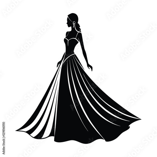 Silhouette of a beautiful bride wearing a long flowing wedding gown