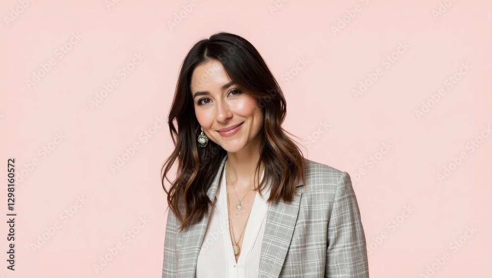 Sincerely Jules. Smiling brunette woman gray blazer pink background st Sincerely Jules. Smiling brunette woman gray blazer pink background st