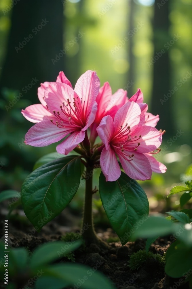 Obraz premium Carpathian rhododendron flowers in the forest undergrowth, blooming, springtime, pinkish