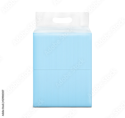 Realistic stand bag with hole handle mockup. Front  view. Vector illustration isolated on white background. Suite for the presentation of changing mats, diapers, wet wipes, pants. EPS10.