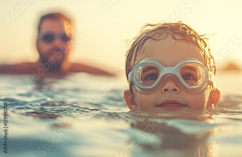 A little boy wearing swimming goggles is floating in the sea, and his father watches him from behind with an expressionless face