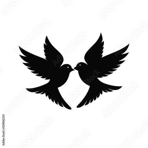 Silhouette of lovebirds flying together in a romantic embrace