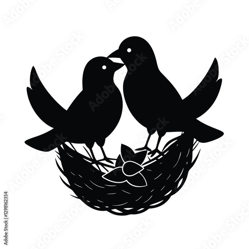 Silhouette of lovebirds working together to build a cozy nest