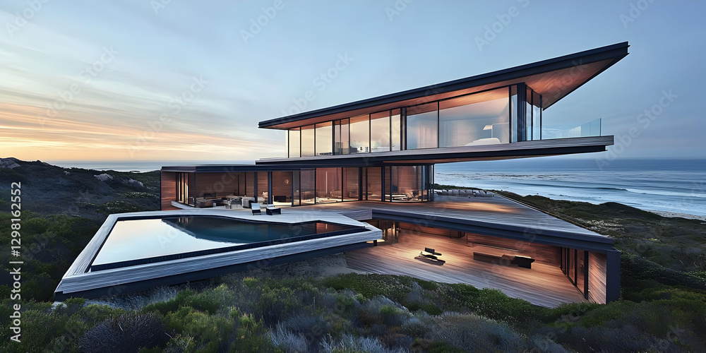 Fototapeta premium Oceanview Modern House 3D Illustration