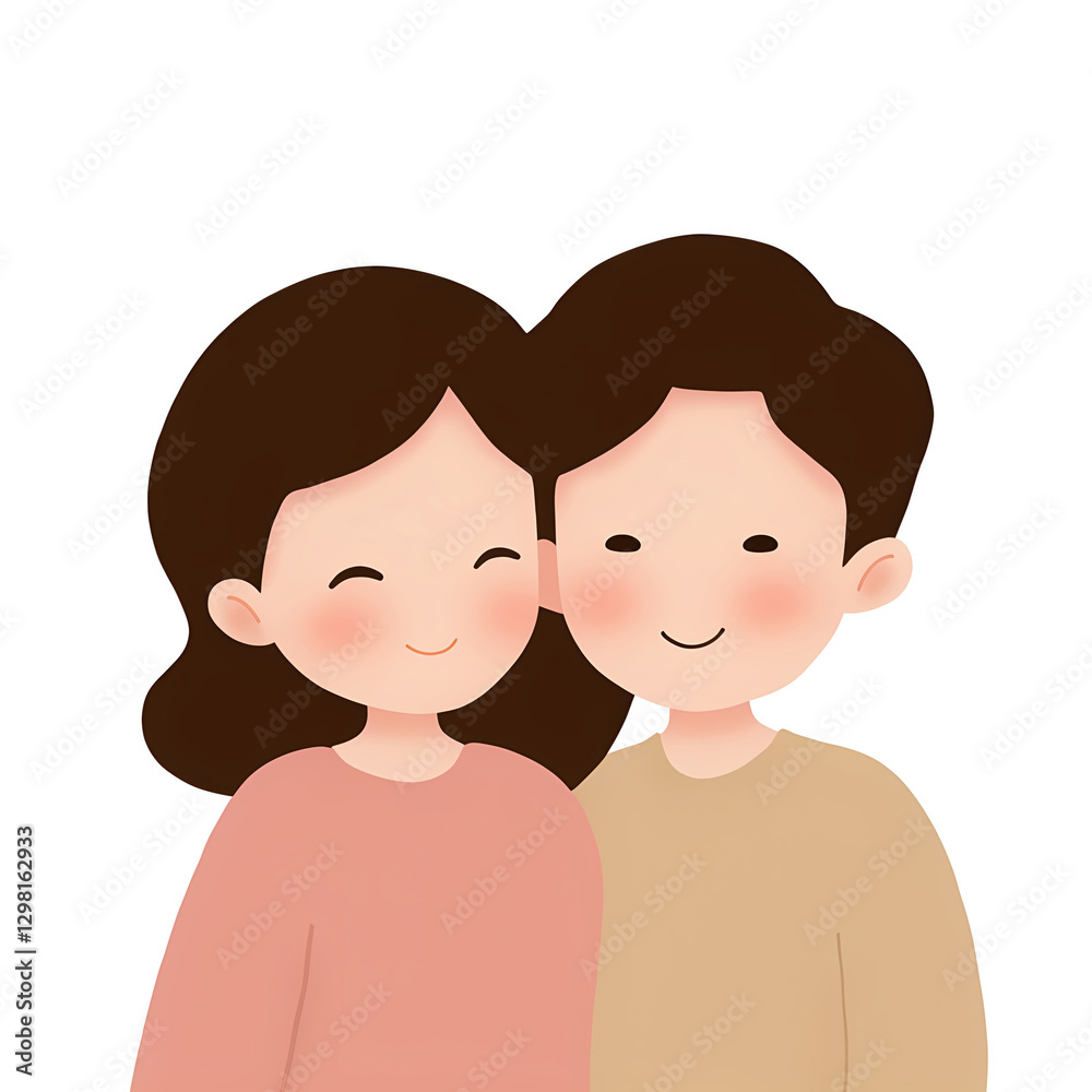 cute illustration of smiling couple with simple features, showcasing affection and happiness. characters have dark hair and are wearing casual clothing, set against plain white background