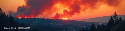 Dense wildfire smoke hovering over trees and housing, davis fire, air pollution, forest fire