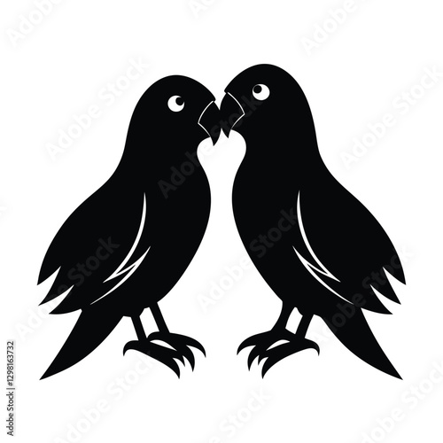 Charming lovebirds touching beaks simple silhouette on white