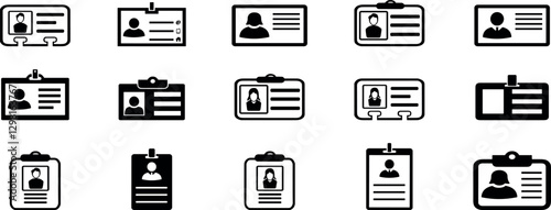 ID card thin line icon set. Containing personal data, identification, information, profile, authentication, identity, user name of employee, staff, security, manager in the office.