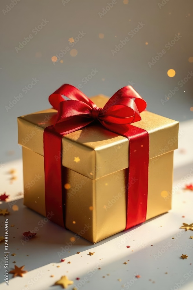 Gift box wrapped in bright red and gold ribbon, gift box, gold, present Gift box wrapped in bright red and gold ribbon, gift box, gold, present