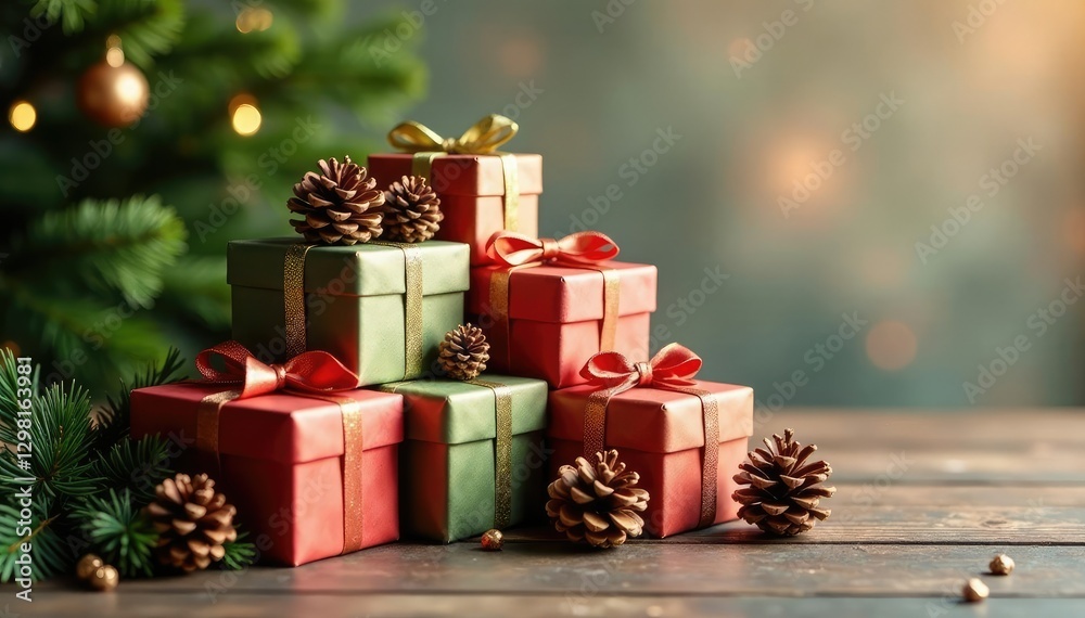 Obraz premium Gift boxes in a pyramid shape with greenery and pinecones, decoration, greenery, festive