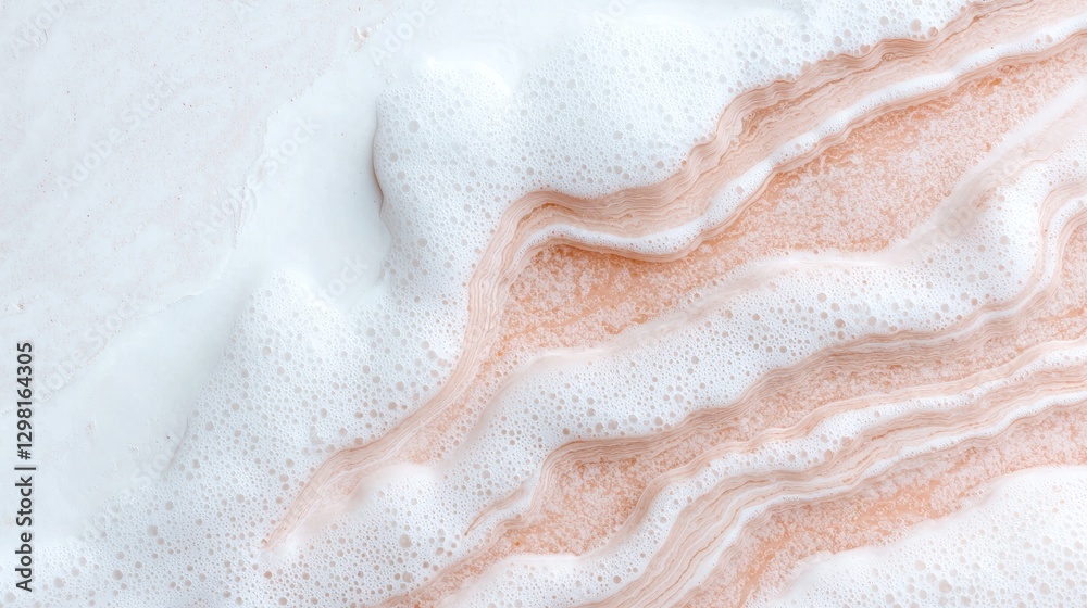 Fototapeta premium White soap foam and bubbles flowing over a textured peach surface in a clean studio setting.